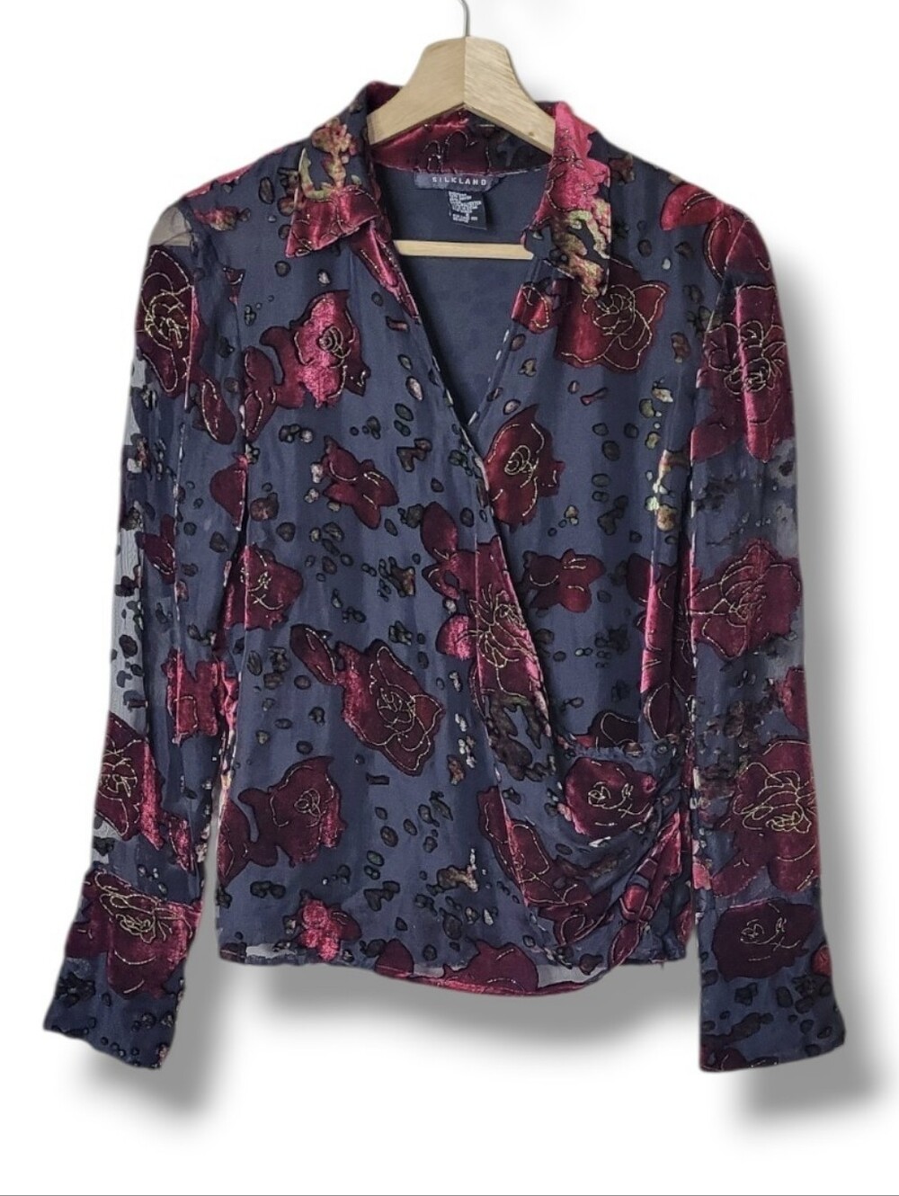 Silkland Dark Romantic Flocked Velvet Floral Blouse Size 6